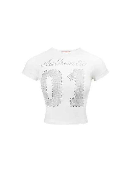 Rhinestone Numbers Cropped Tee