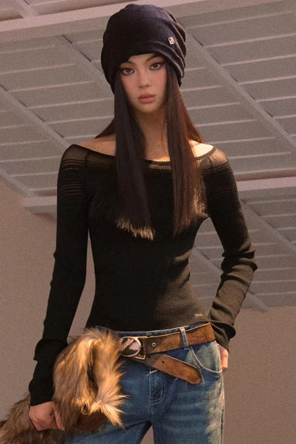 Gradient Large Neckline Knit Top