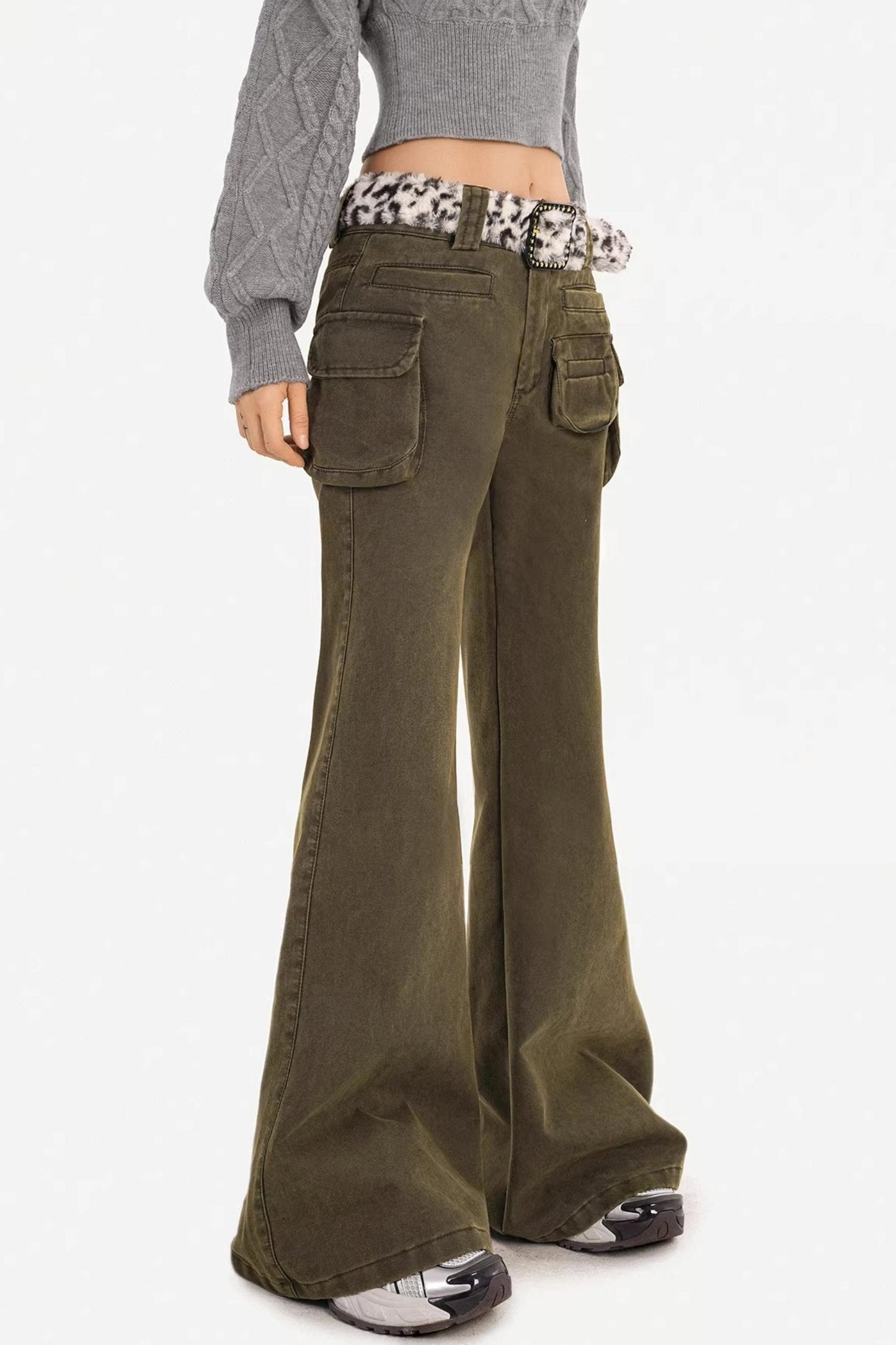 Retro Army Green Flared Pants