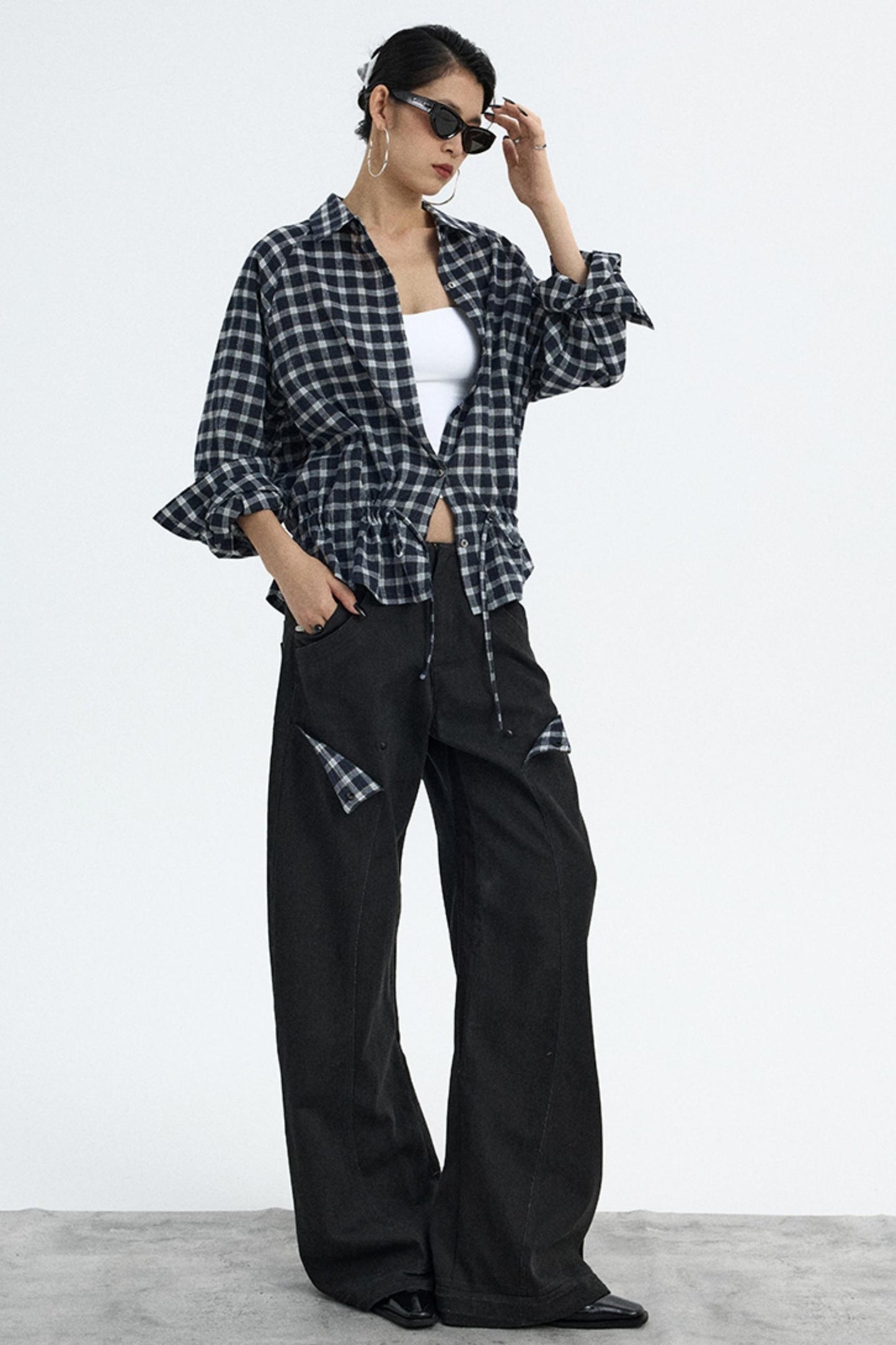 Navy Plaid Drawstring Top