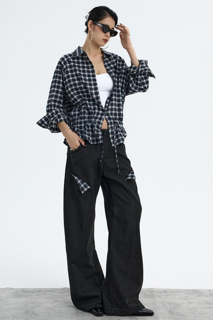 Navy Plaid Drawstring Top