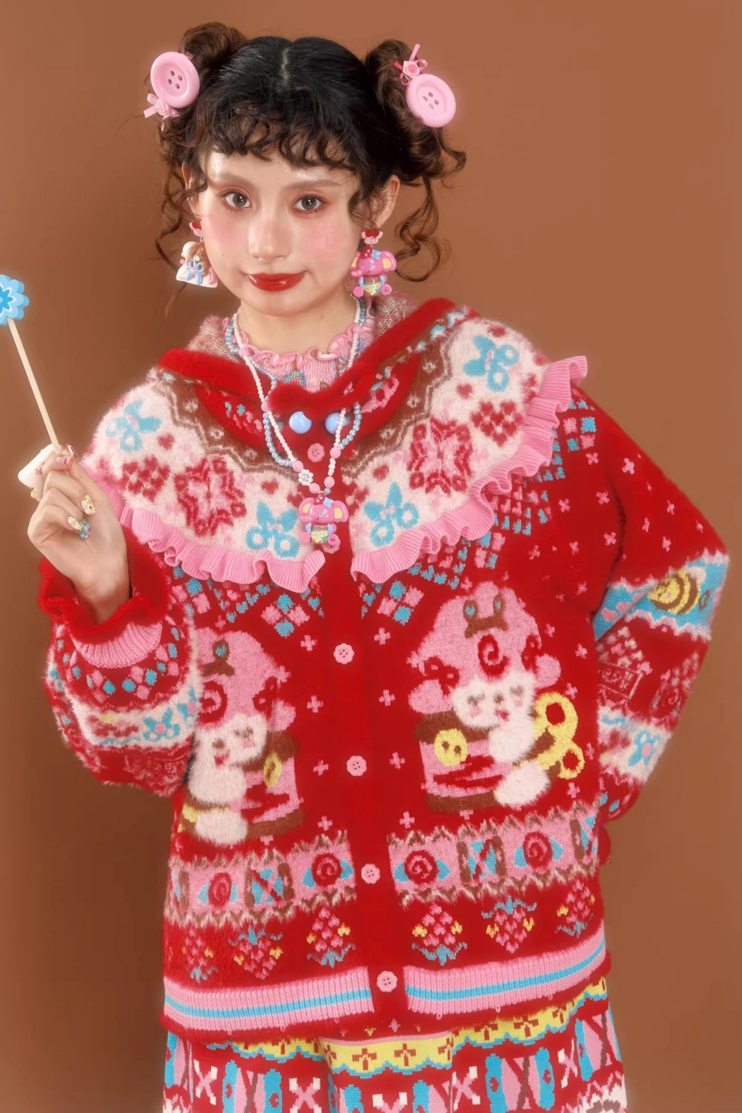 Red Fair Isle Hooded Knit Cardigan