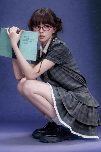 Gray Plaid College Dress Set-Up