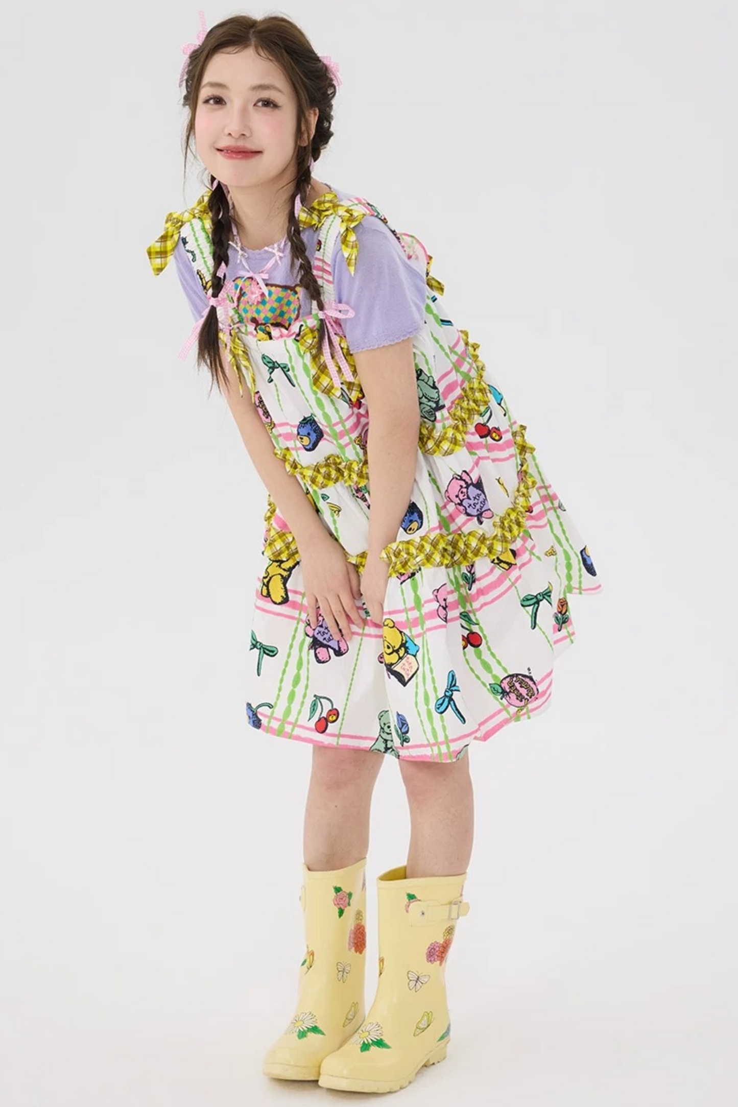 Robe salopette à carreaux avec ours