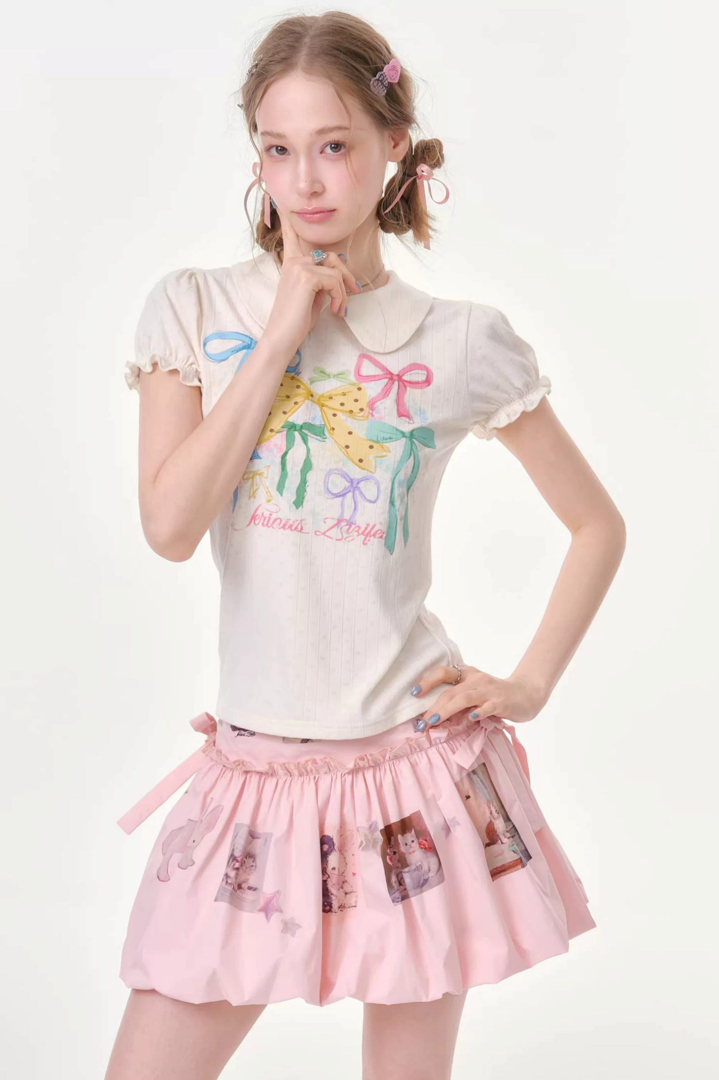 White Floral Bow Puff Sleeve T-Shirt