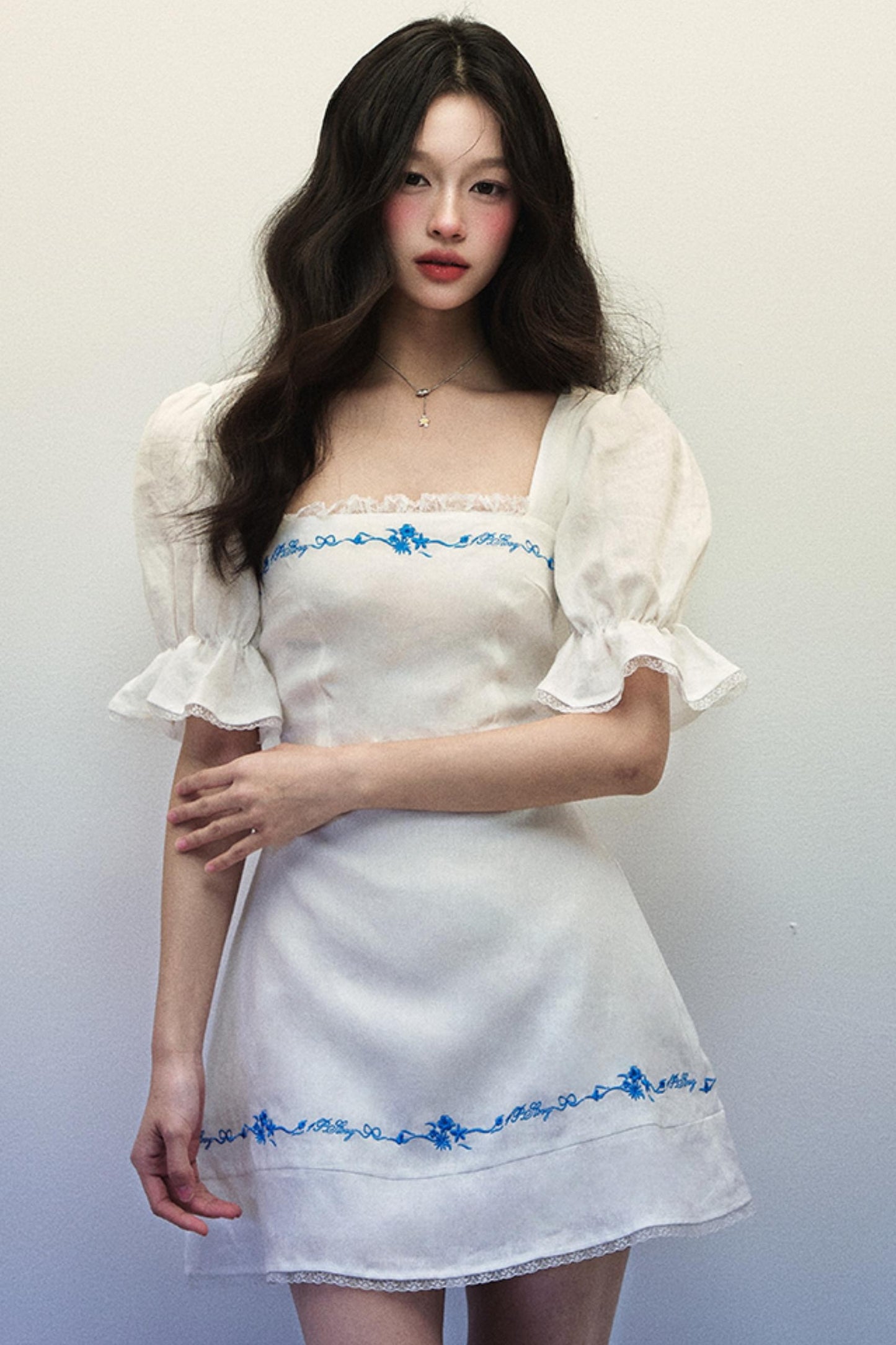 Embroidered Blue Linen Summer Dress