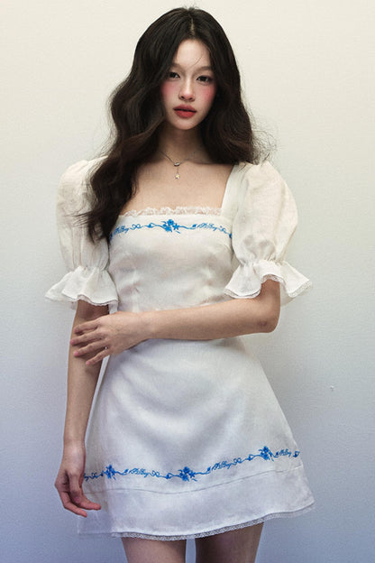 Embroidered Blue Linen Summer Dress