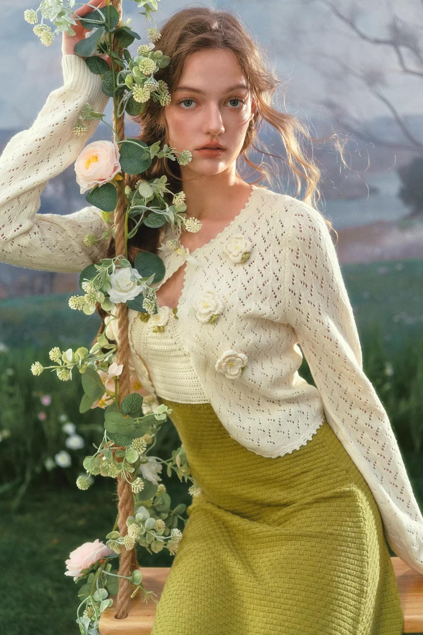 French Pastoral Knit Camisole Dress Set-Up