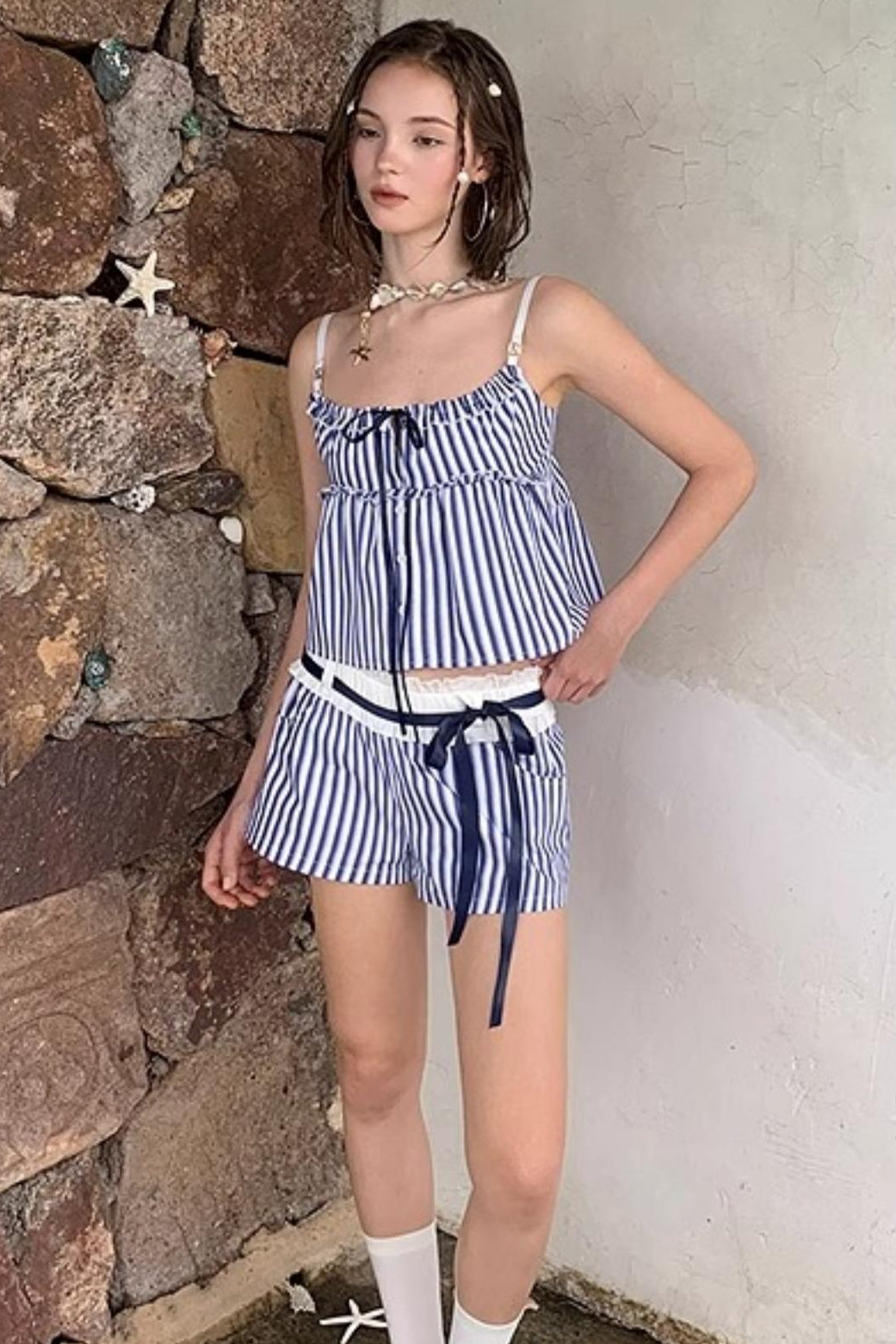 Blue Striped Ruffle A-Line Shorts Set-Up