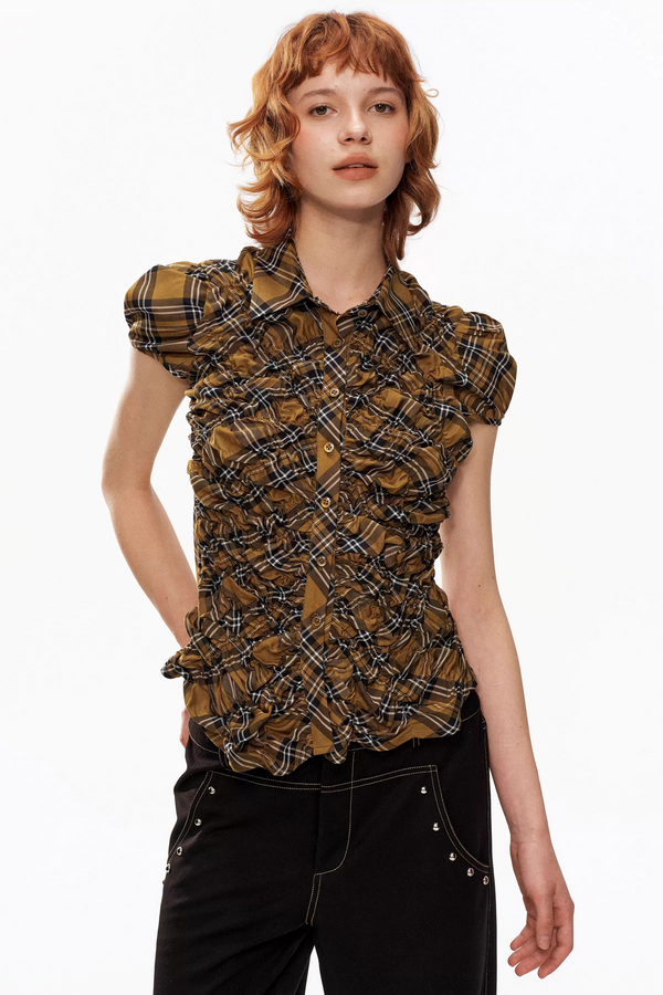Yellow Plaid Puff-Sleeve Blouse