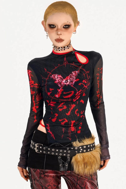 Dark Mesh Printed Top