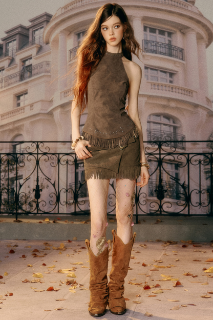 Retro Imitation Suede Tassel Skirt