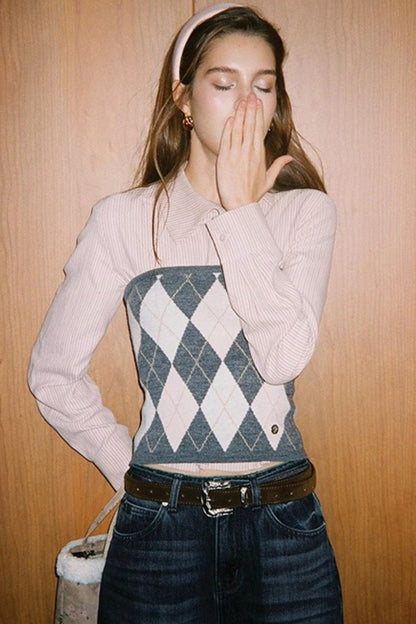 Striped Asymmetrical Slanted Placket Shirt Set-Up