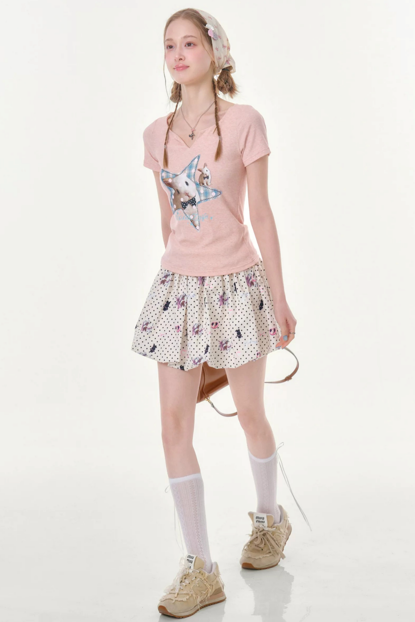 Star Rabbit Pink V-Neck T-Shirt