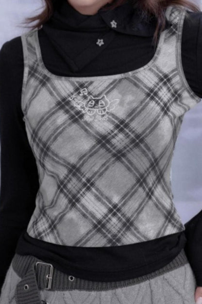 Retro Plaid Turtleneck Fake Two-Piece Top