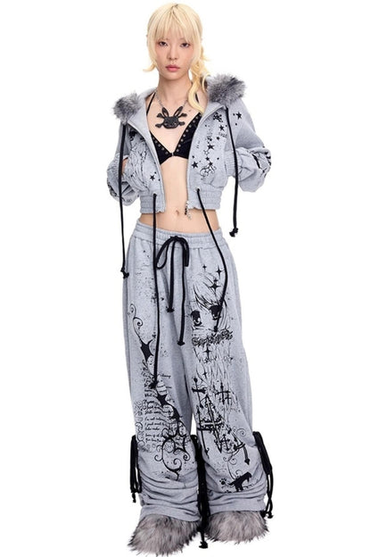 Graffiti Print Hooded Short Sweatshirt