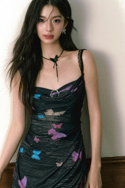 Butterfly Print Halter Dress