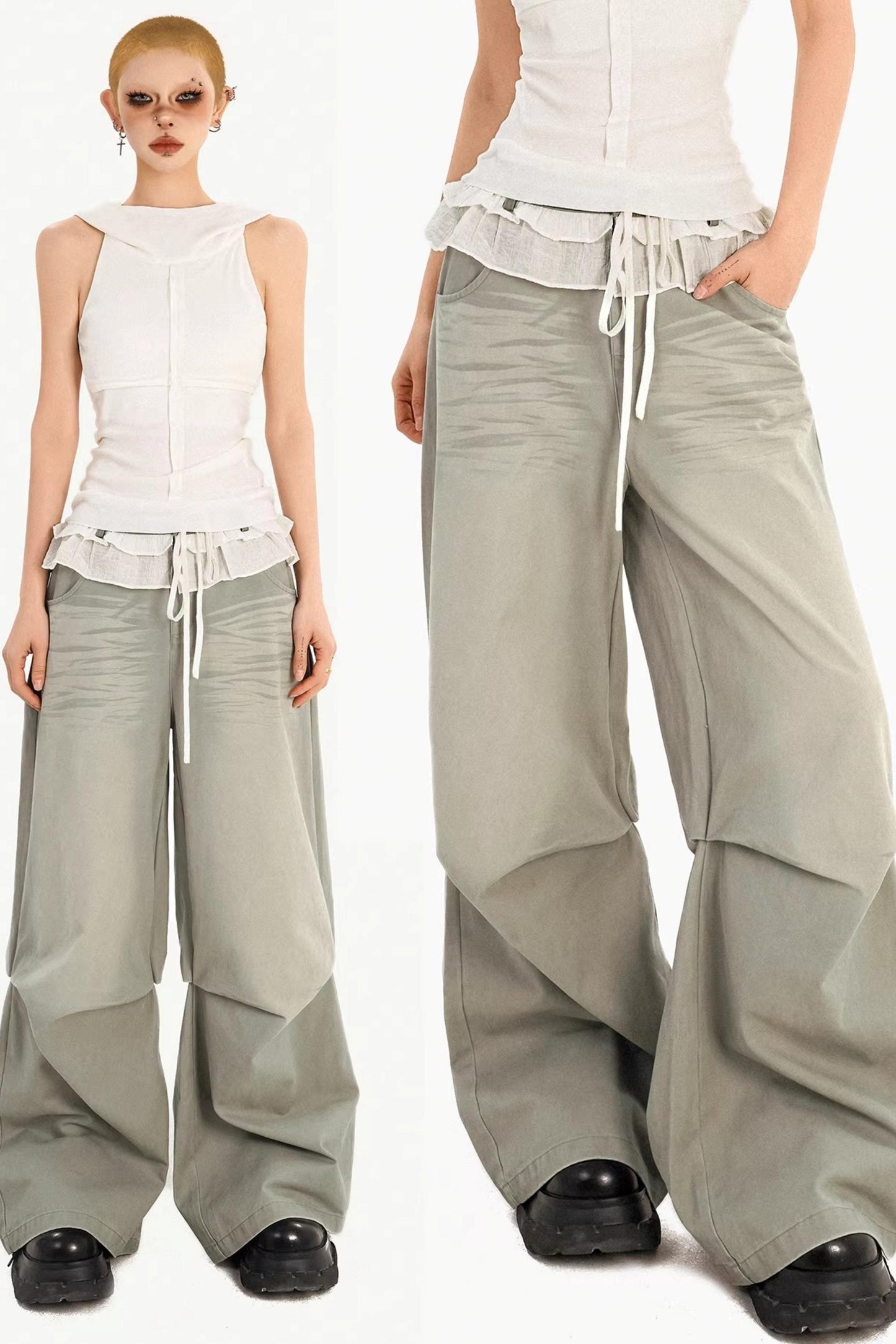 Lace Drawstring Wide-Leg Pants