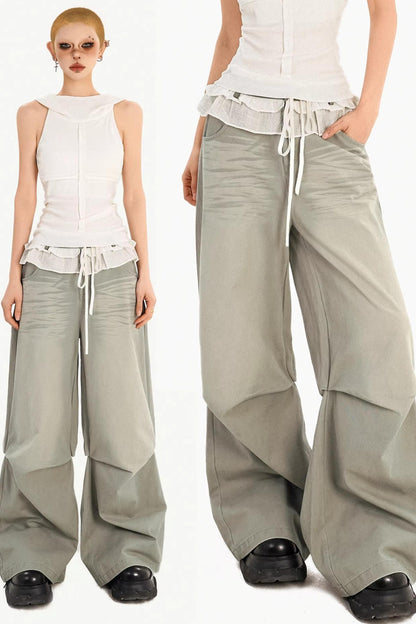 Lace Drawstring Wide-Leg Pants