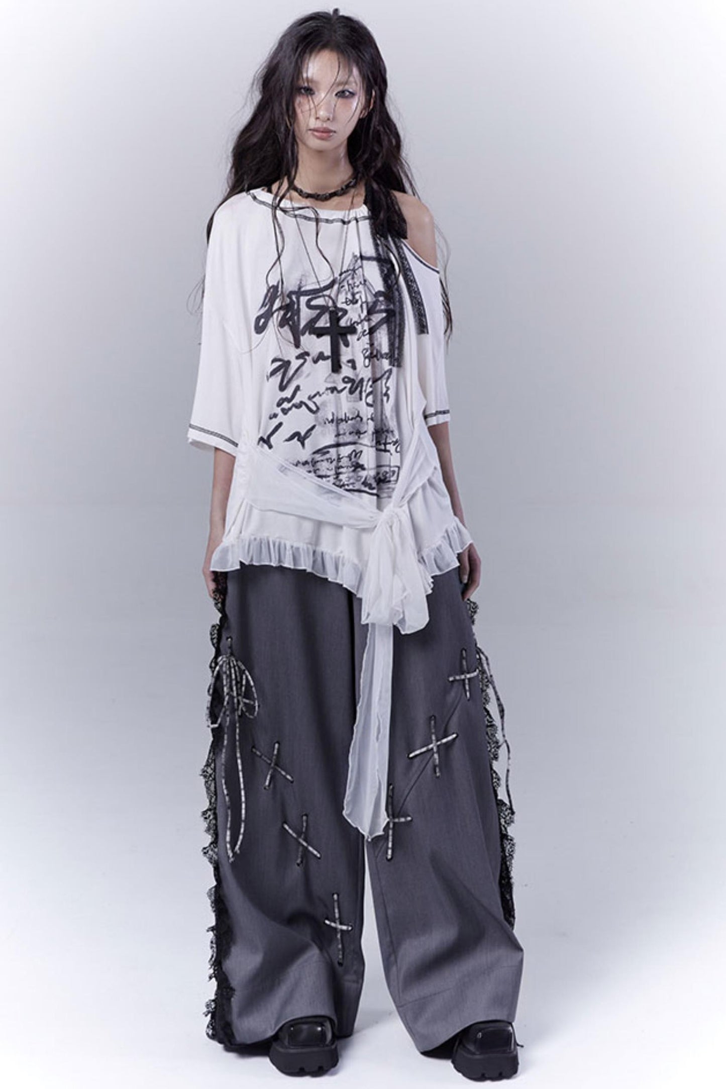 Gray Hollow Lace Fusion Casual Trousers