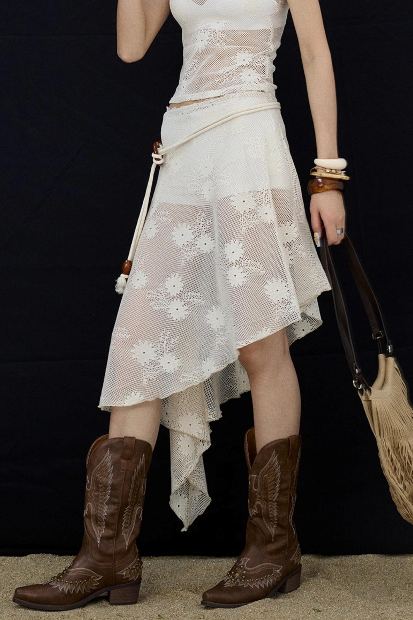 Jacquard Lace-Up Layered Skirt Set-Up