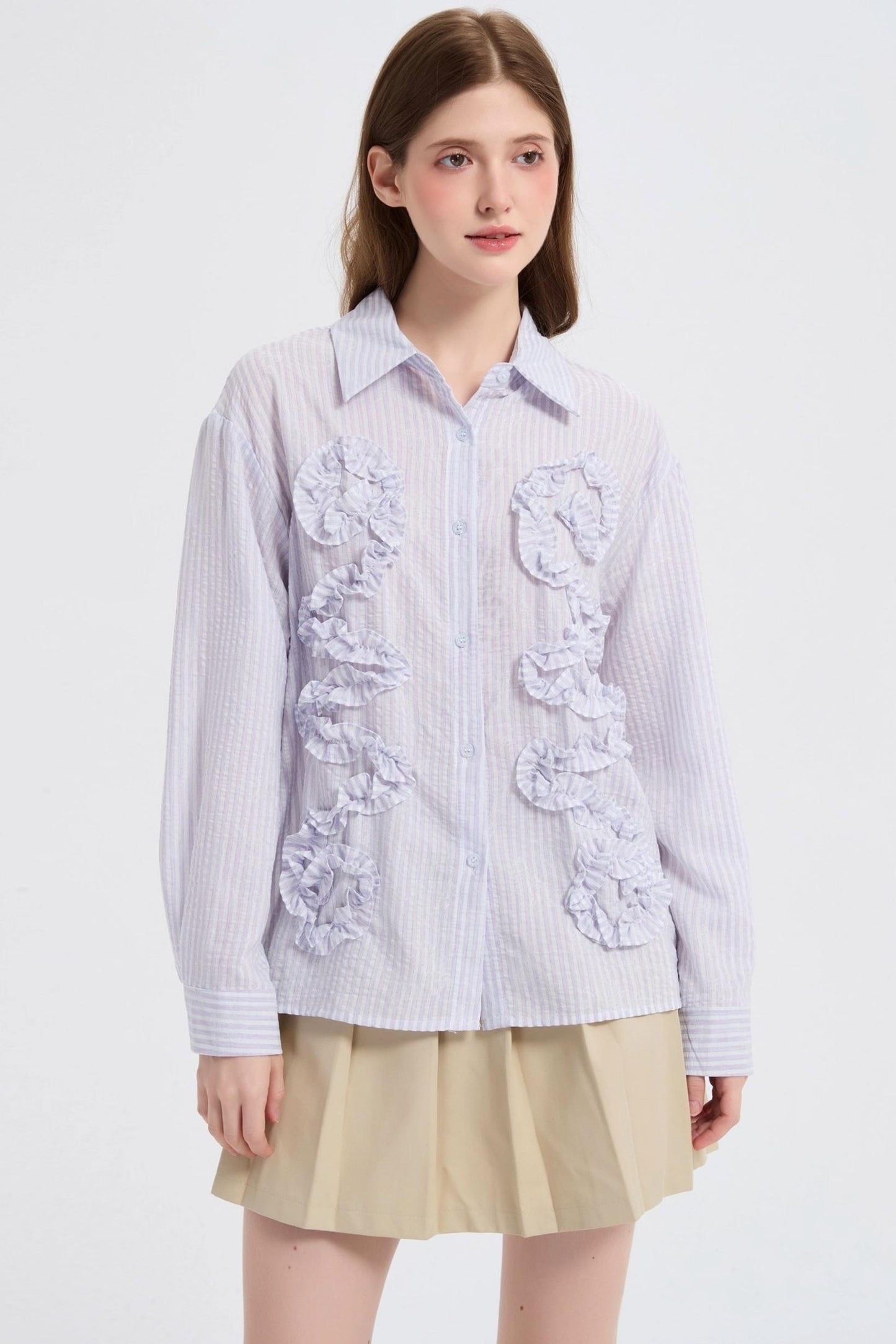 Autumn Floral Striped Ruffle Shirt