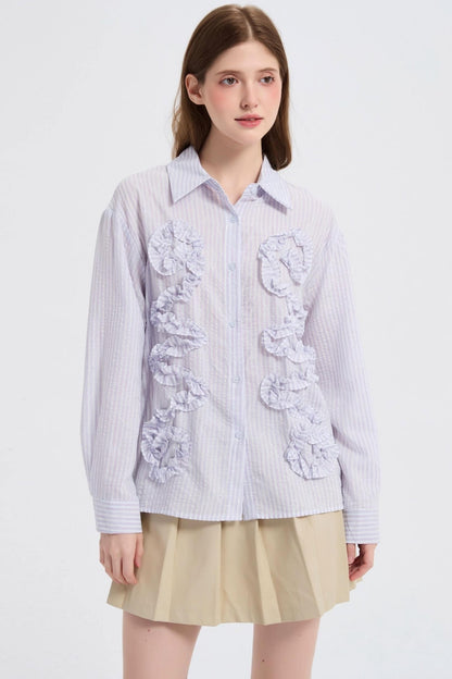 Autumn Floral Striped Ruffle Shirt