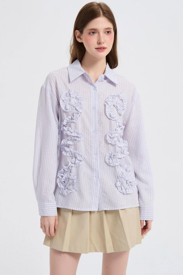Autumn Floral Striped Ruffle Shirt