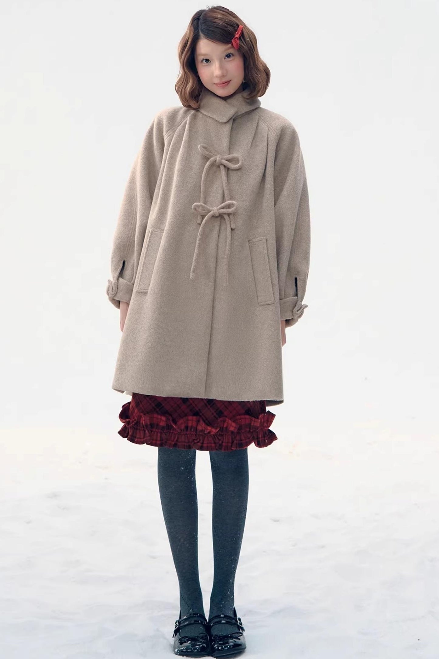 Retro Oatmeal Woolen Bow Coat