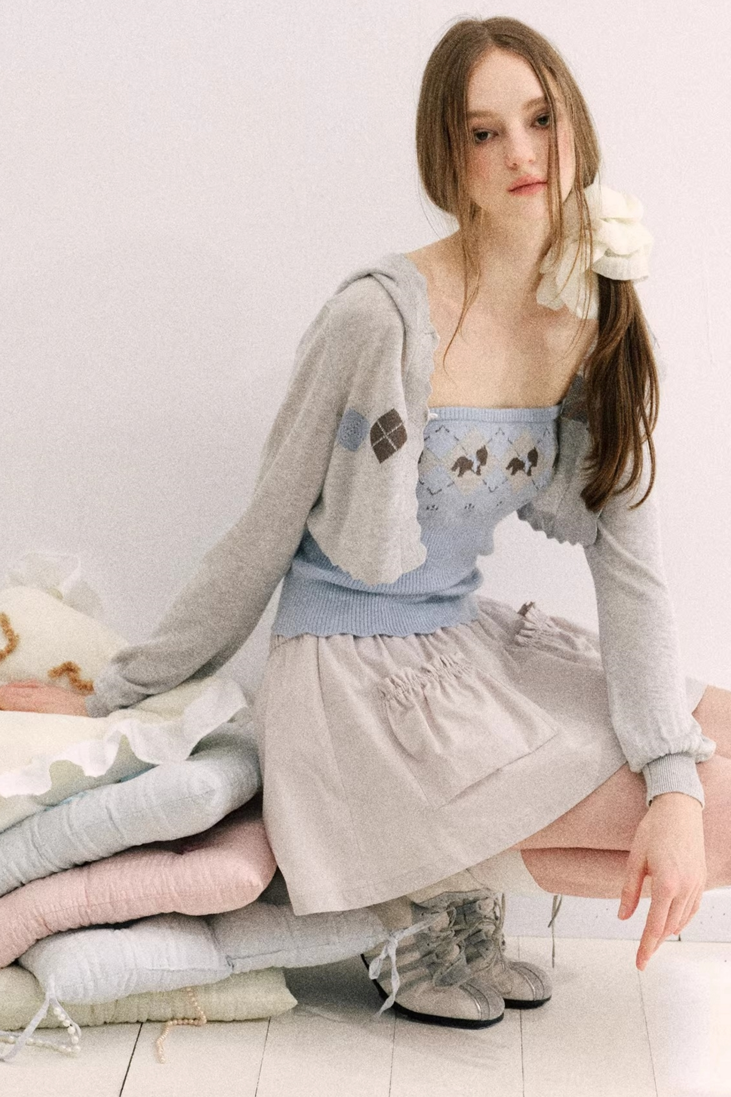 Yellow-Blue Diamond Hooded Cardigan Set-Up