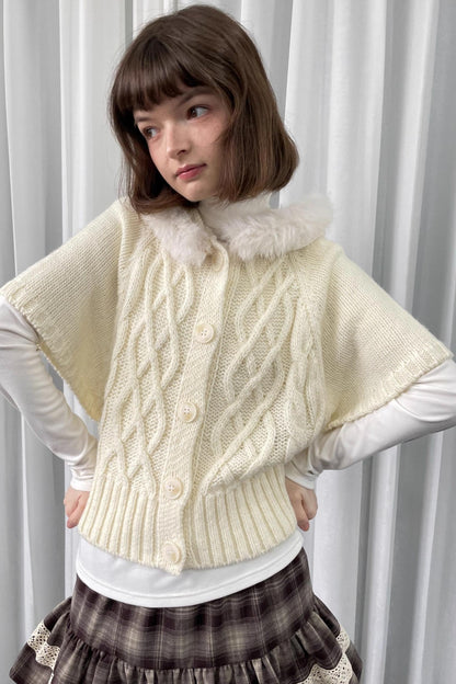Off-White Fur Collar Knit Sweater Jacket
