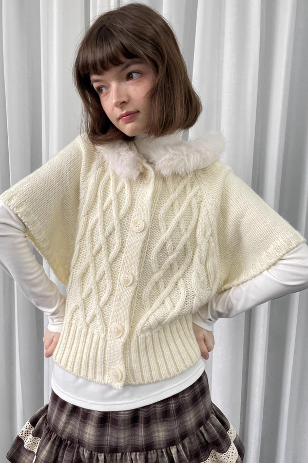 Off-White Fur Collar Knit Sweater Jacket