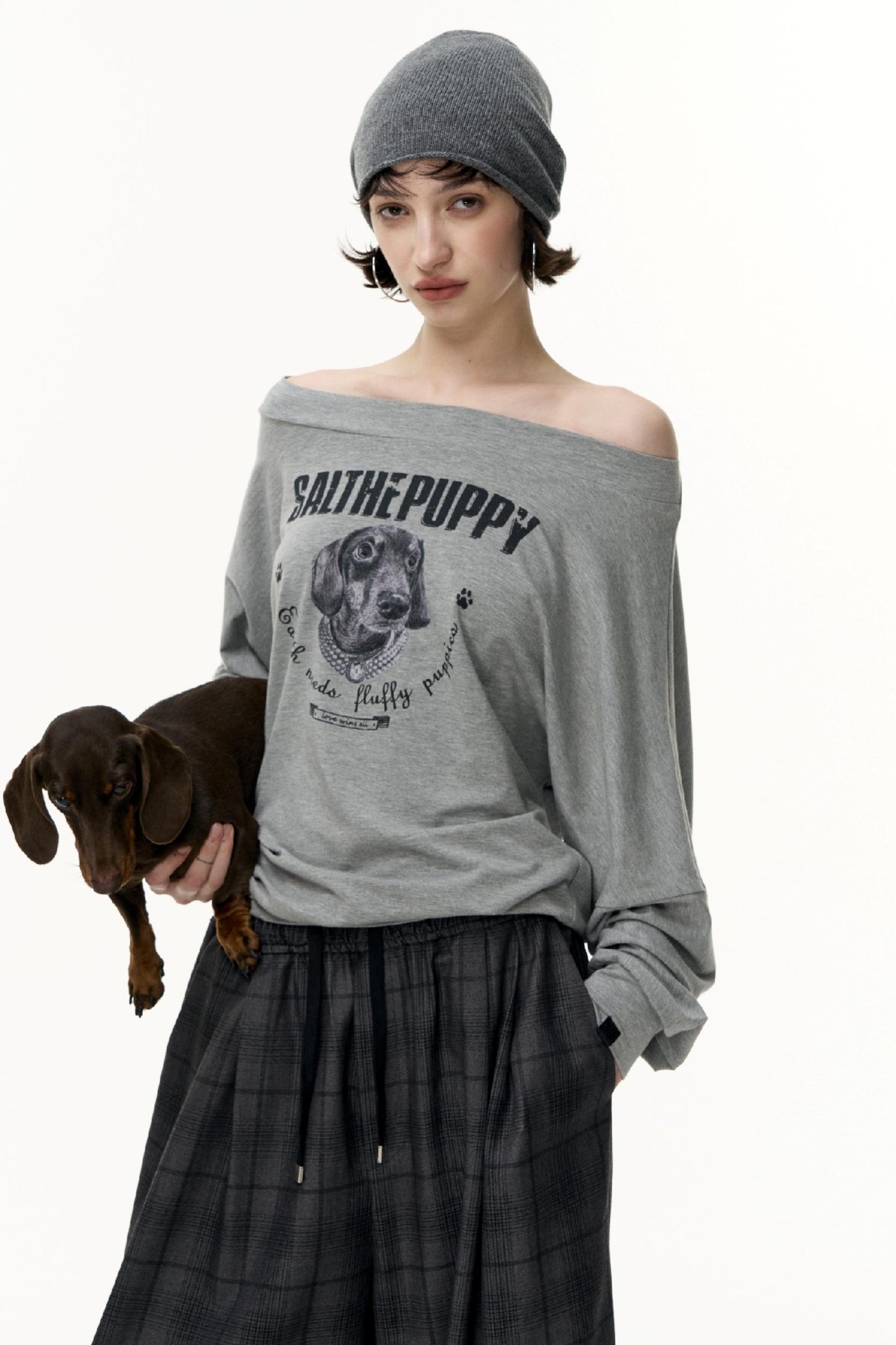 Puppy Print Slanted Shoulder T-Shirt