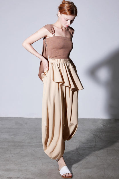 French Ruffled High-Waist Trousers