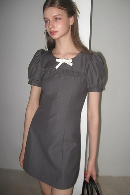 Detachable Bow Bubble Short Sleeve Dress