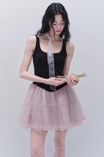 Sweet Fluffy Black-Pink Contrast Dress