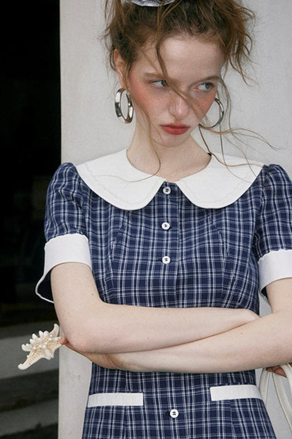 Navy A-Line Doll Neck Dress