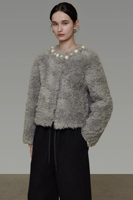 Pearl Collar Faux Fur Jacket