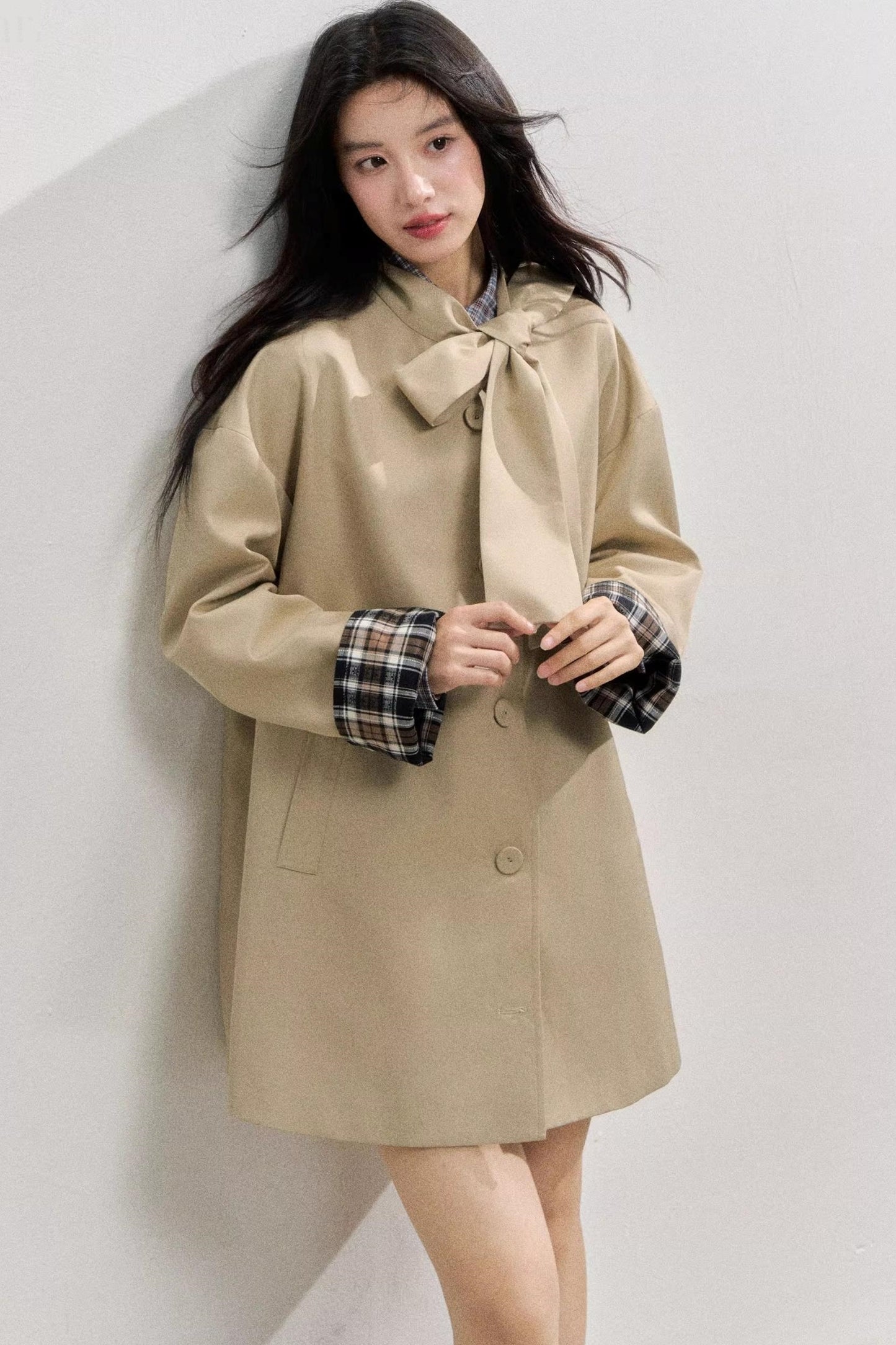 Vintage Bow Plaid Trench Coat