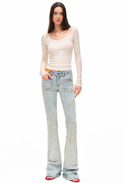Light Sand Flared Denim Trousers
