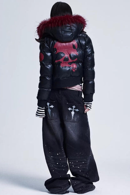 Patchwork Leather Fur Collar Jacket