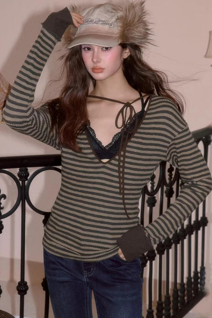 Sweet Tie V-Neck Blouse Top