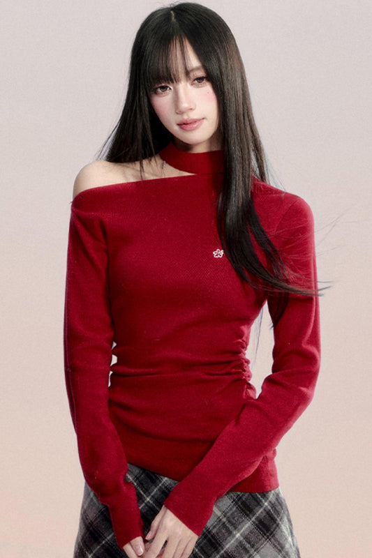 Red Off-Shoulder Knit Top