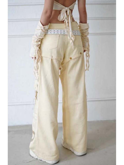 Lace-Up Detachable Straight-Leg Cut Jeans