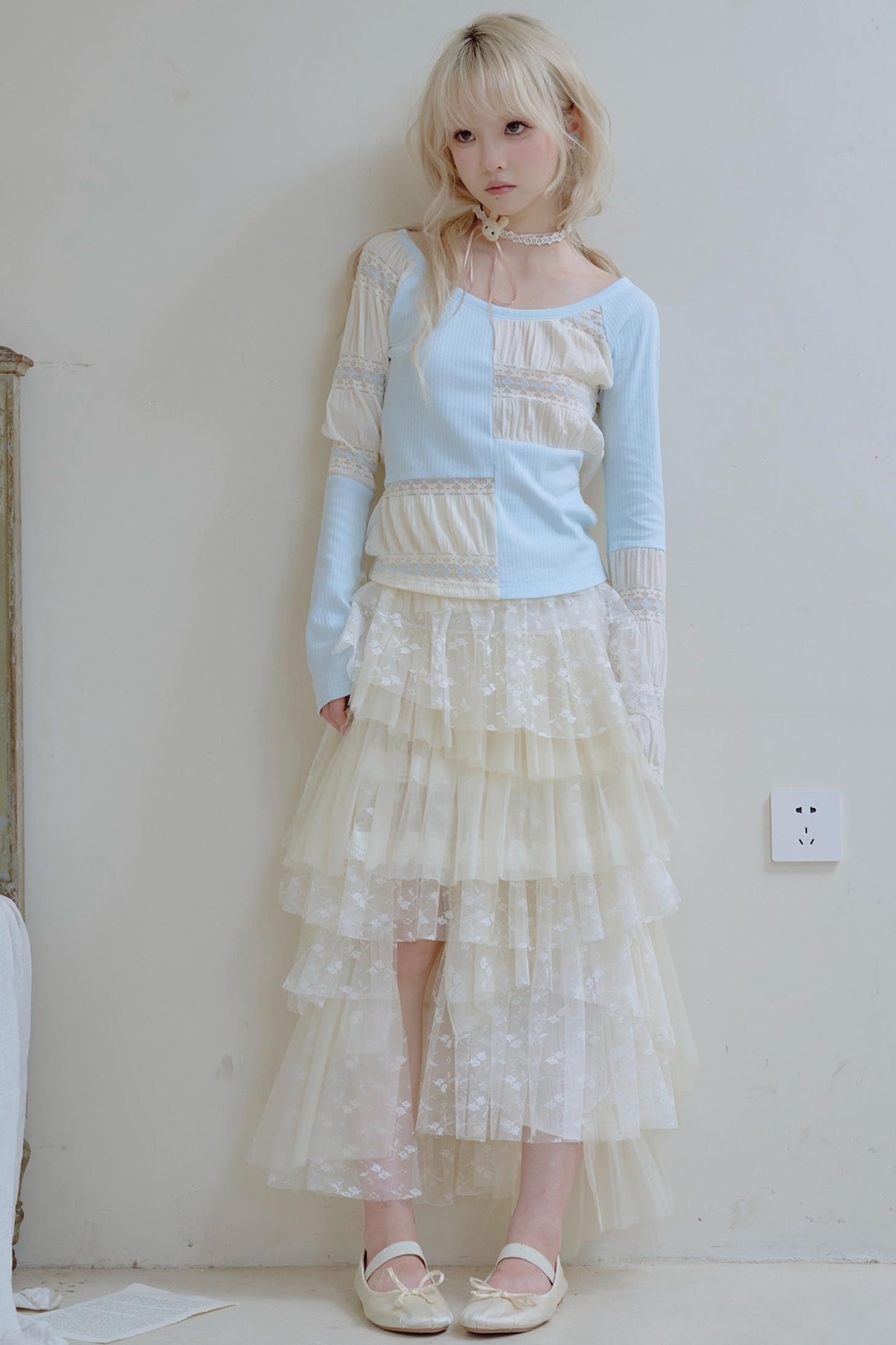 Beige Lace Patchwork Chiffon Skirt