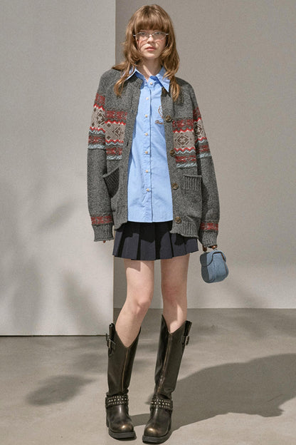 Fair Isle Knitted Gray Cardigan
