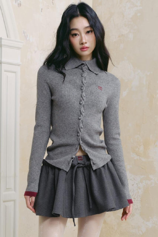 Gray Polo Neck Knitted Cardigan