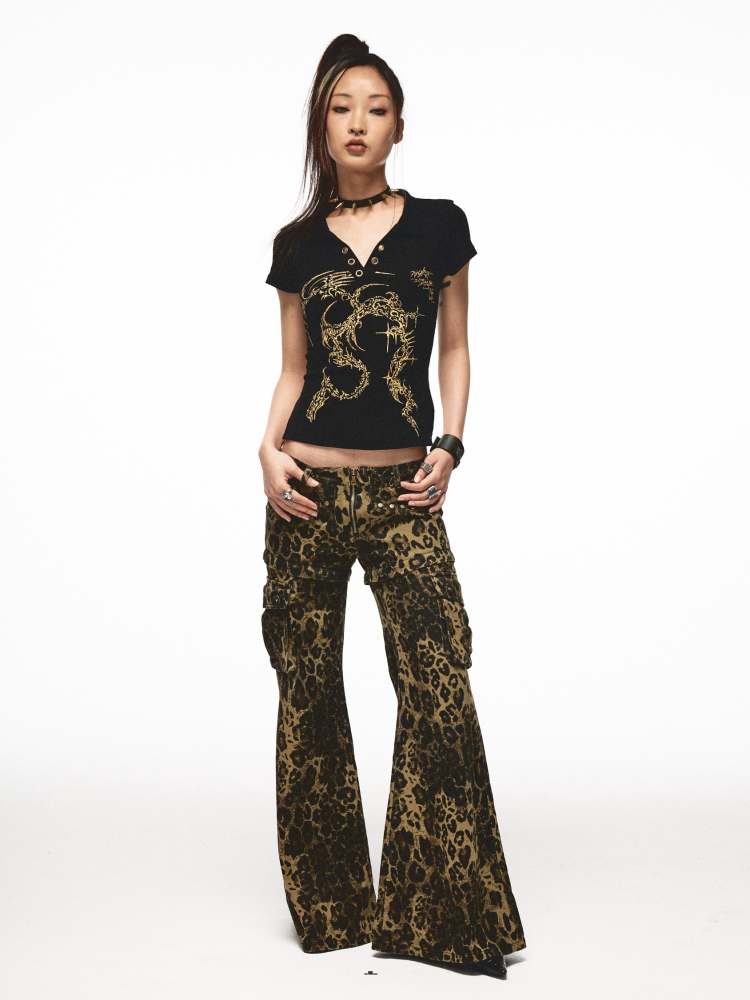 2-way Leopard Pattern Low Rise Studs Flare Jeans