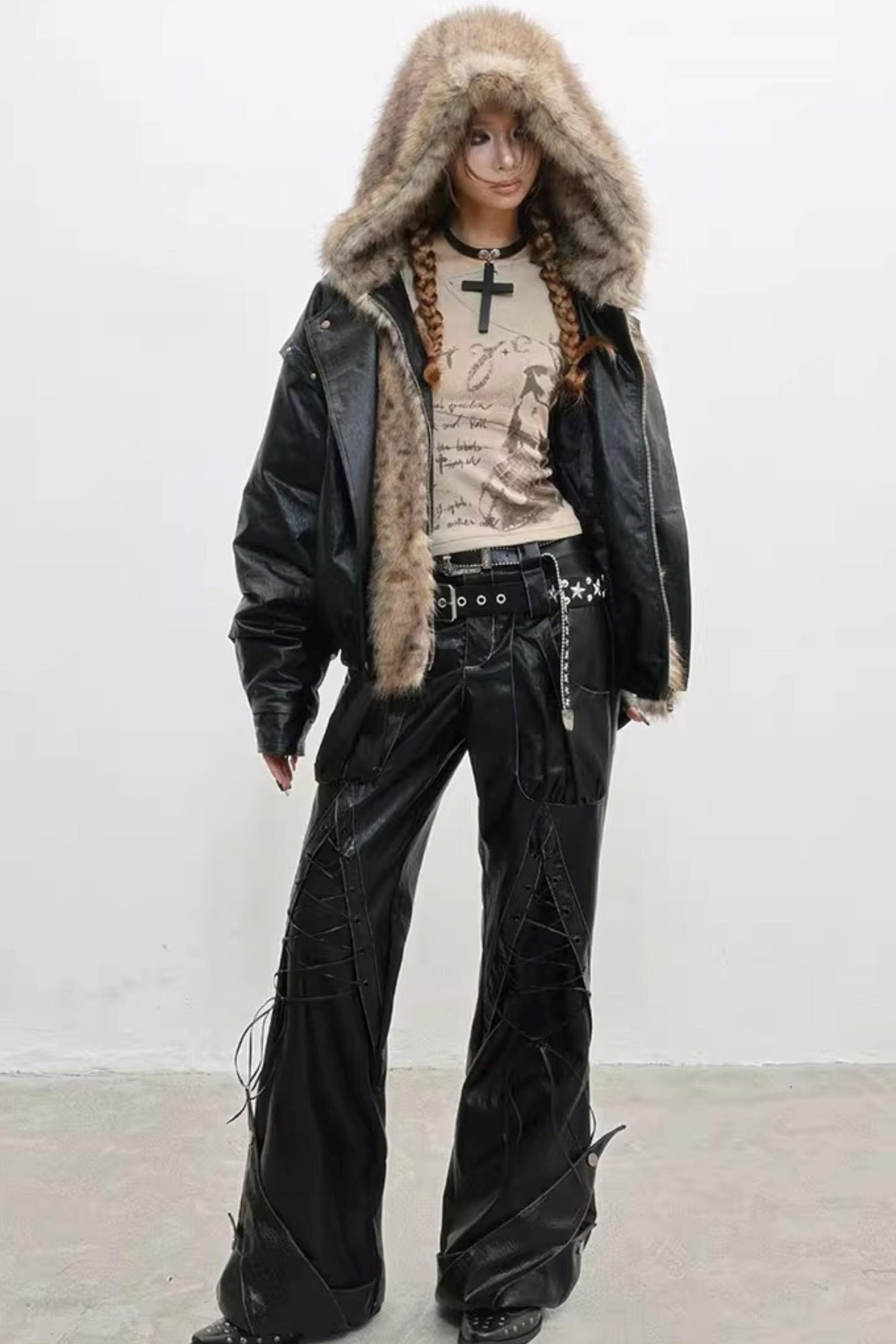 Invisible Fur Patchwork Leather Jacket