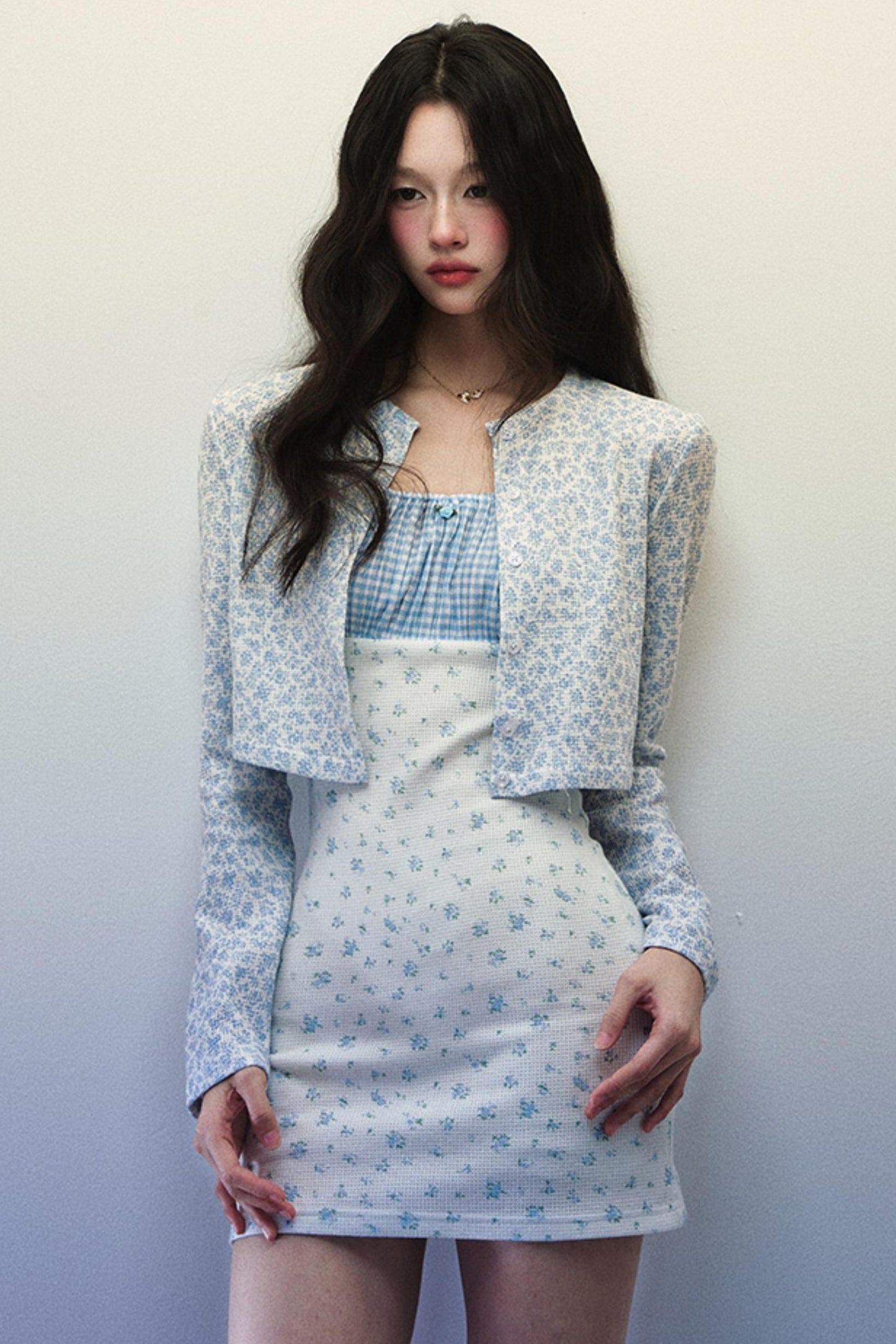 Blue Plaid Floral Halter Dress & Cardigan Set-Up